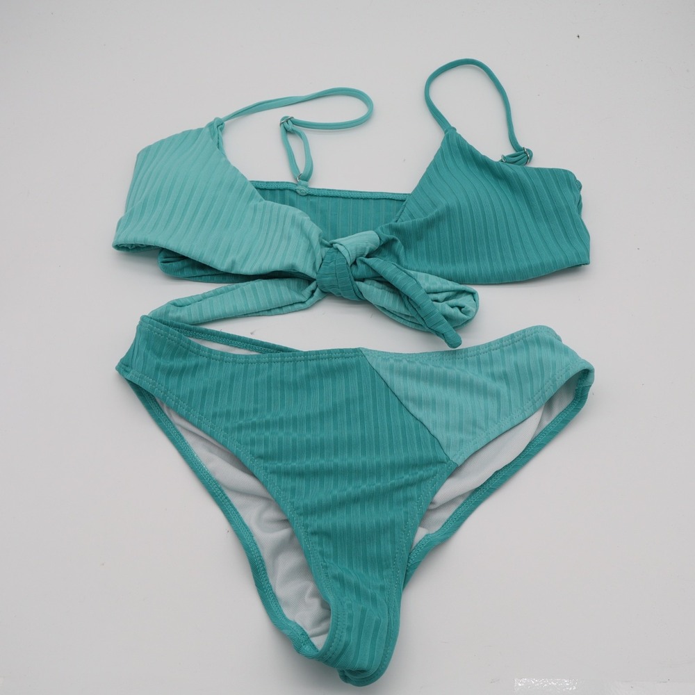 2 Piece Triangle Bikini Set Women S Aqua Ribbed Stretch Spaghetti Strap Swimwear - Picture 2 of 5